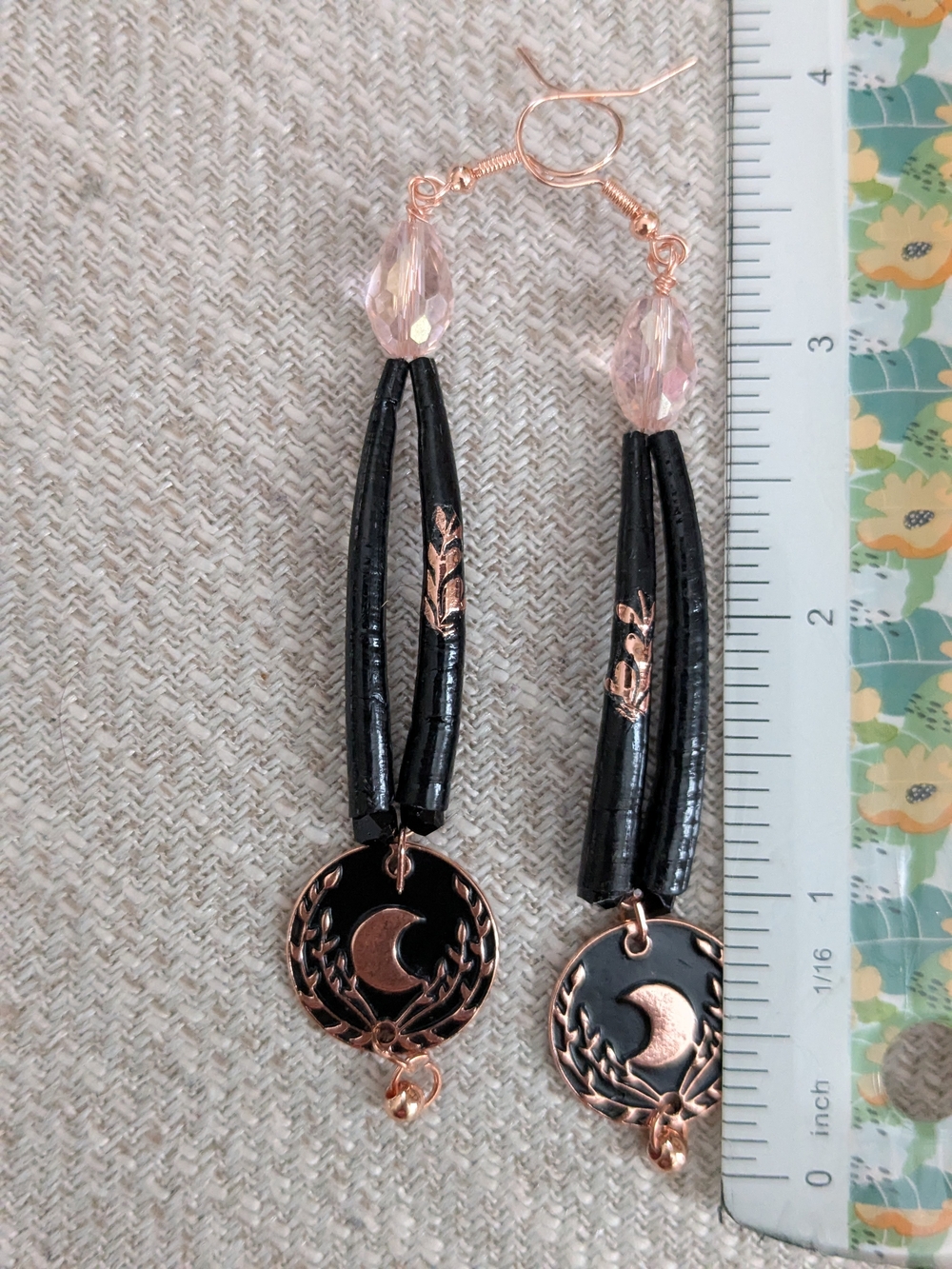 Indigenous Black and Rose Gold Crescent Moon Drop Earrings - Picture 2 of 5